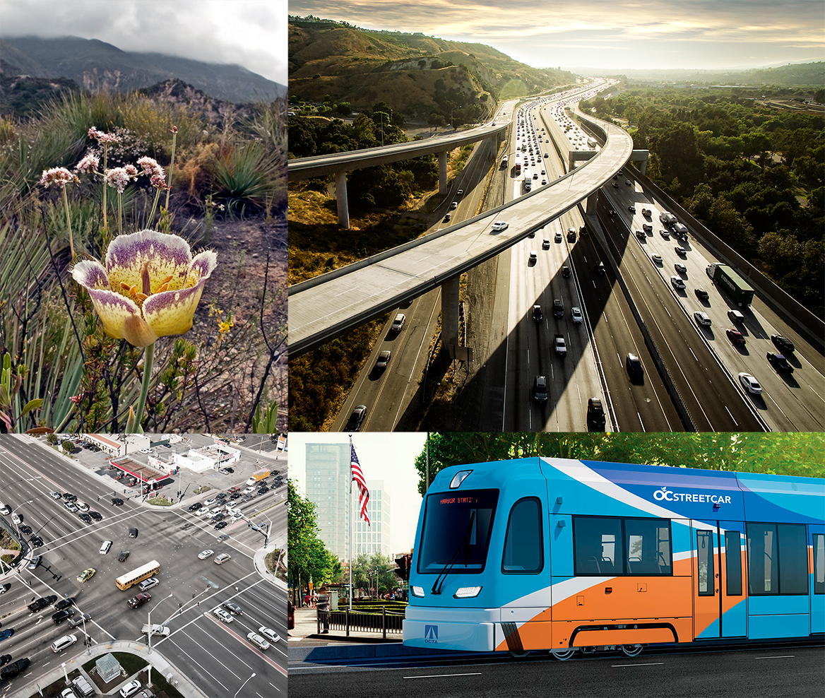 A collage of a nature scene, freeway, arriving streetcar, and intersection