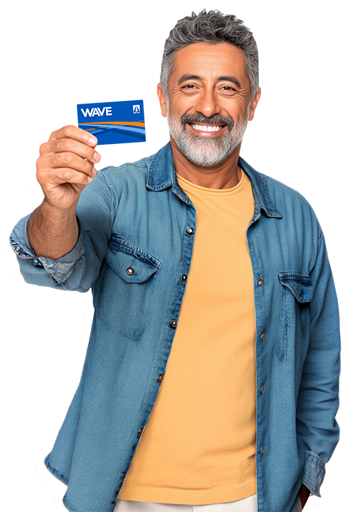 Senior Holding a Wave Card