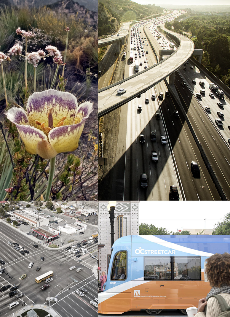 A collage of a nature scene, freeway, arriving streetcar, and intersection