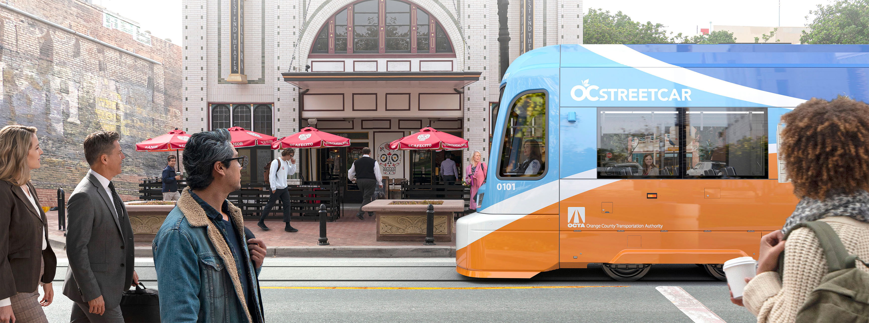 Pedestrians and shoppers gaze at OC Streetcar (concept)